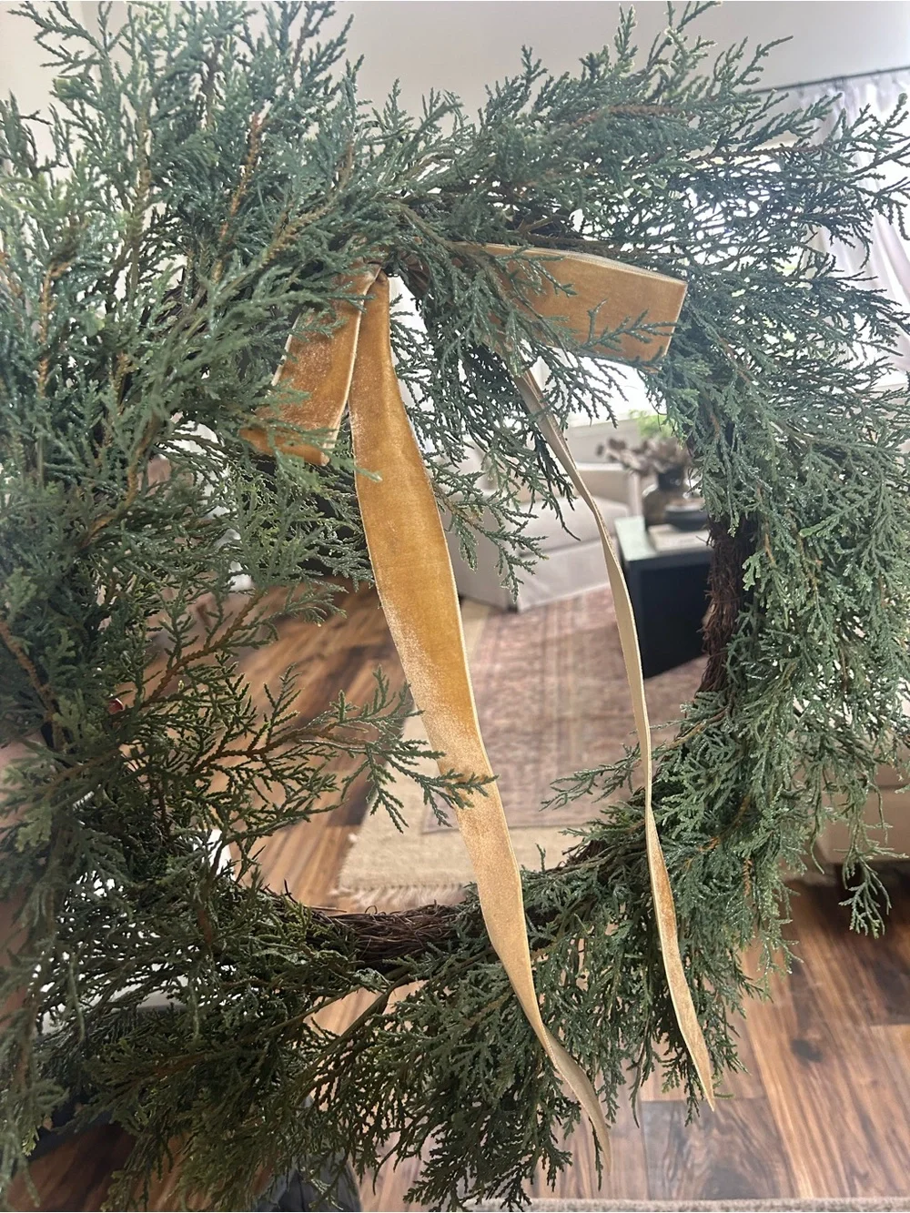 NWOT Threshold Green Juniper Holiday Wreath with Mustard Velvet Bow